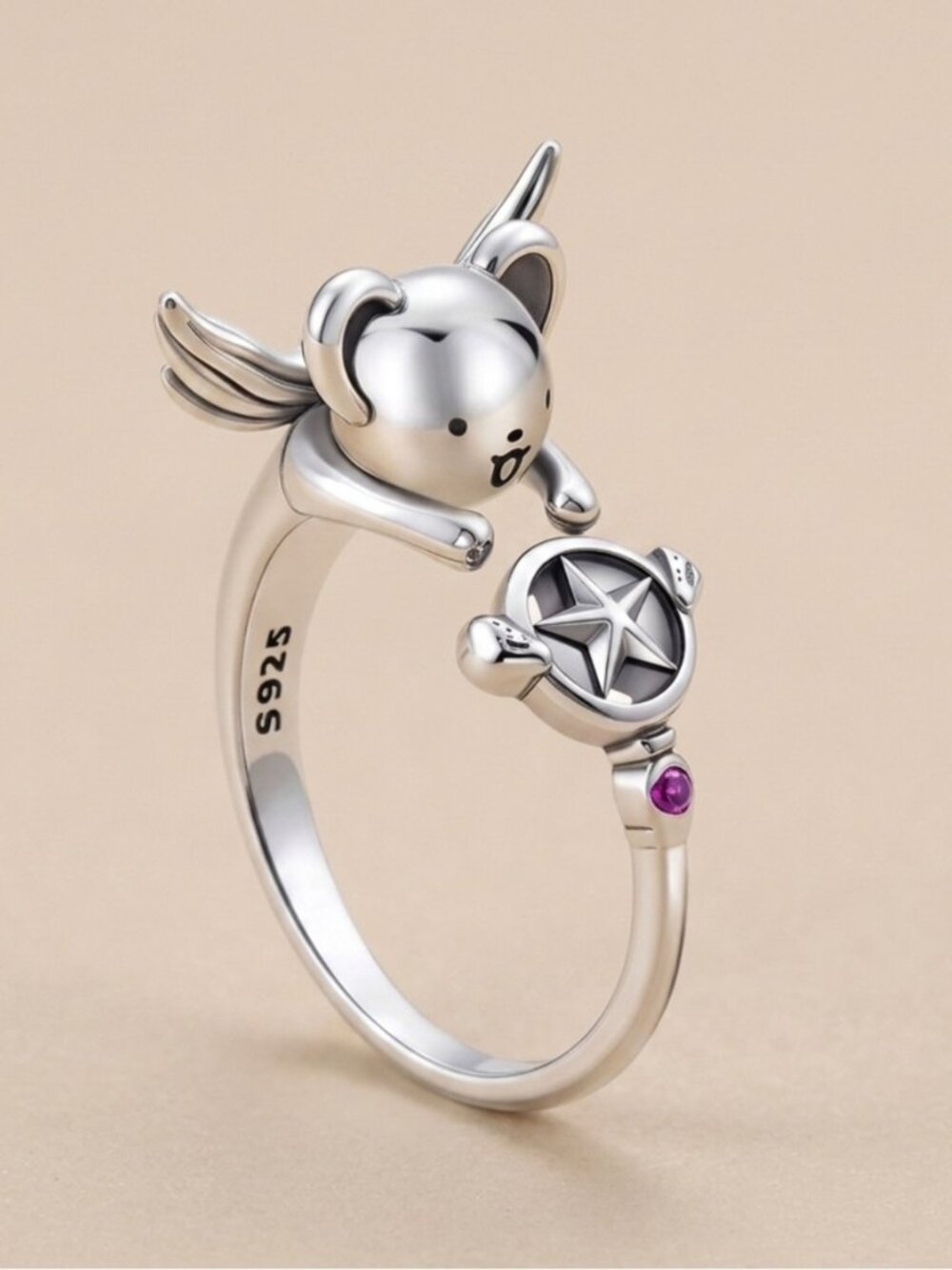 Sterling Silver Angel Bear Star Ring with Purple Accent